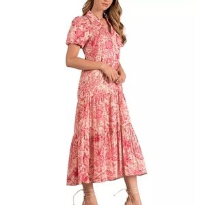 Elan Pink and Ivory Button Romantic Front Tiered Cotton Floral Dress size Medium